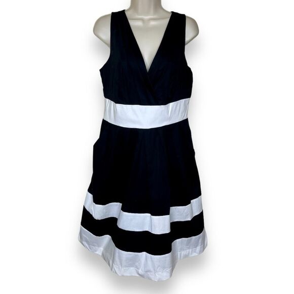 NWT Corey P Black White Stripe Surplice V Neck Back Sleeveless Dress Women 12 - Picture 1 of 16